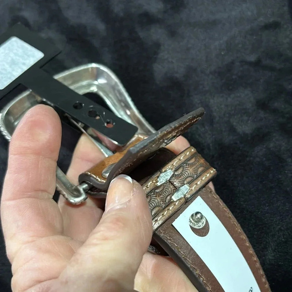 Nocona Genuine Leather,tooled,Aztec stitch, Conchos,removable silvertone buckle - Picture 5 of 10